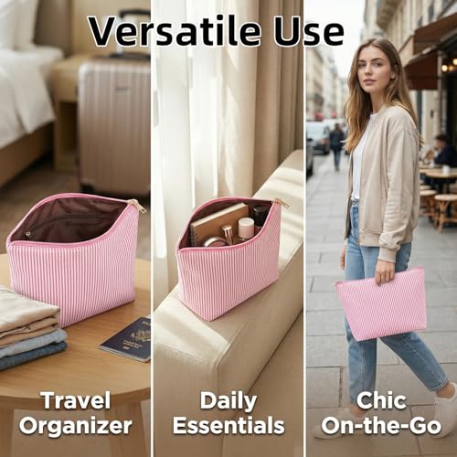 24 PACK Makeup Bags Bulk-Easter Gifts/Seersucker Bulk Cosmetic Bags/Bridesmaid Proposal Gifts/Makeup Pouch for Wedding Party Favors Birthday/Teacher/Mothers Day Gifts/Toiletry Travel Bags(24, Pink)