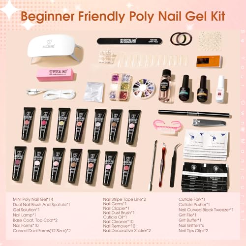 ROSALIND Poly Nail Gel Starter Kit - 14 Colors with UV Lamp & Slip Solution