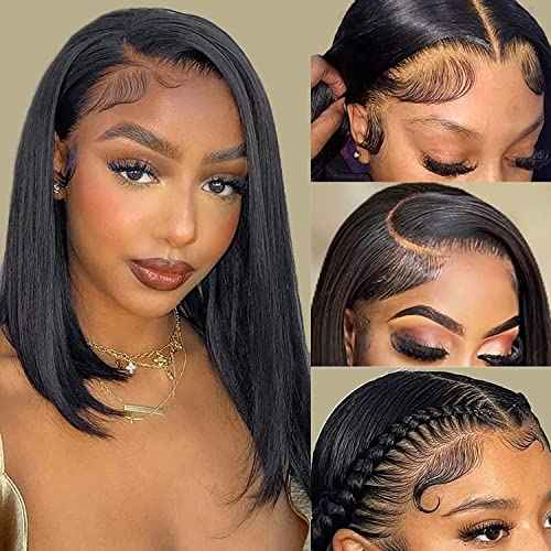 Bob Wig Human Hair Straight Bob Lace Front Wigs 4x4 Hd Transparent Lace Closure 12 Inch Brazilian Virgin Short Bob Wigs for Black Women Pre Plucked with Baby Hair Natural Color