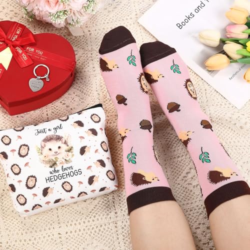 Talltalk 6 Pcs Hedgehog Gifts for Women Hedgehog Lover Gift Set, Socks Canvas Bag Makeup Bag Spiral Notebook Ballpoint Pen and Stainless Steel Keychain for Christmas Birthday Graduation Thanksgiving