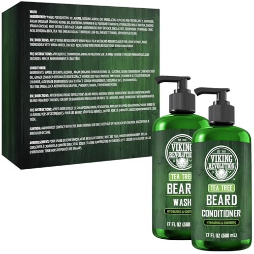 Viking Revolution Tea Tree Oil Beard Wash and Beard Conditioner For Men - Natural Beard Softener Set with Argan Oil, Vitamin E and Ginseng - Beard Shampoo and Conditioner Set (17 Oz)