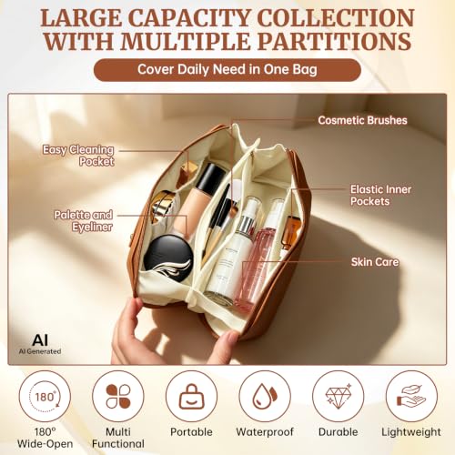DZZ Large Waterproof Travel Cosmetic Bag for Women - Brown