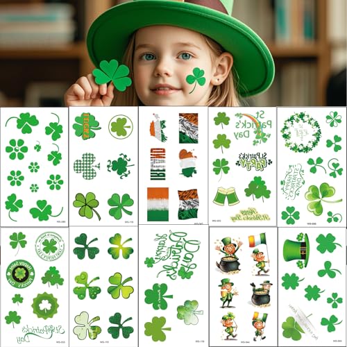 St Patrick's Day Temporary Tattoos - 10 Sheets Shamrock Face Stickers