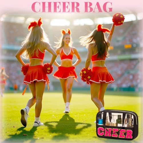 JOJOPOLLO Black Cheer Makeup Bag - Pink Chenille 'CHEER' with Gold Trim, Zipper & Handle, Team Gift