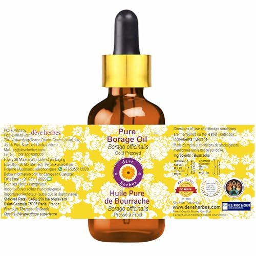 Deve Herbes Pure Borage Oil (Borago officinalis) with Glass Dropper Natural Therapeutic Grade Cold Pressed 5ml (0.16 oz)