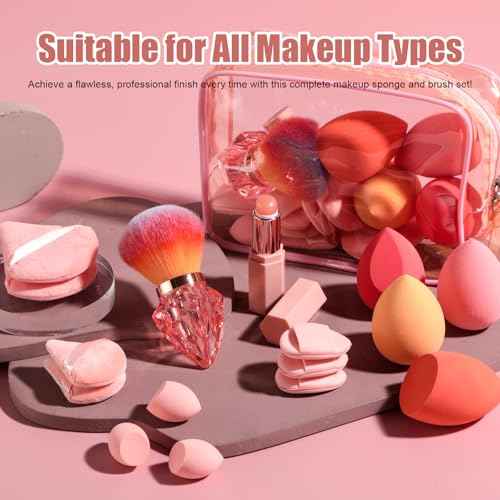 BS-MALL 14 Pcs Portable Makeup Sponge Set With Diamond-shaped Kabuki Powder Brush - Beauty Blender Sponge, Triangle Puff And Multi-functional Sponges For Liquid, Cream,With Travel Case (Orange Pink)