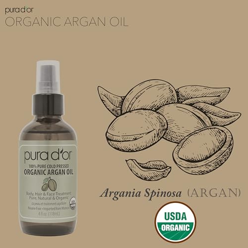PURA D'OR 4 Oz Organic Moroccan Argan Oil ? 100% Pure Cold-Pressed Virgin Grade ? Lightweight Moisturizer for Skin, Face, Body & Hair ? Helps Dry Skin, Scalp Care, Split Ends, Nails & Cuticles