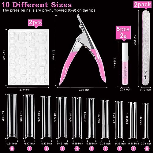 500 Pcs Square Nail Tips, AITRAI Long Nail Tips for Acrylic Nails Professional False Nails Clear Acrylic Nail Kit with Glue, Adhesive Tabs Acrylic Nail Clipper Files for Nail Art DIY