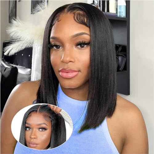 Wear and Go Glueless Bob Wig Human Hair 200% Density 5x5 HD Lace Closure Wigs For Black Women Glueless 5x5 Closure Wigs Human Hair Pre Plucked Bob Black Color 14 Inch