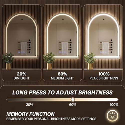Antok 24x36 Inch Arched Wall-Mounted LED Bathroom Vanity Mirror with Lights, Dimmable & Anti-Fog, White Variation