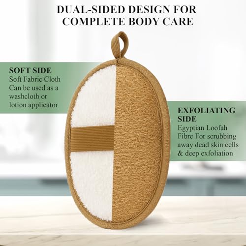 Natural Loofah Exfoliating Body Scrubber (Pack of 2) - Made from Egyptian Luffa, Gentle Bath Sponge for Men and Women - Deep Cleansing Soft Pad Dual-Sided w/Terry Cloth, Hand Strap for Shower & Spa