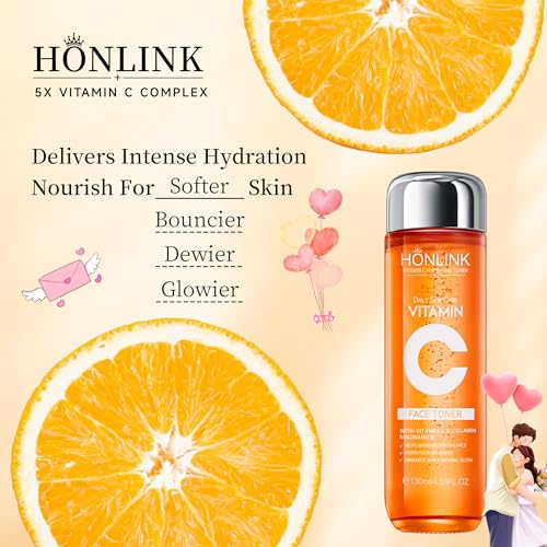 Vitamin C Face Toner 130ml, HONLINK 5X Vitamin C Complex with Niacinamide & Hyaluronic Acid, Hydrating & Balancing Toner for Daily Skincare, Valentine¡¯s Day Gift for Her