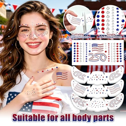 4th of July Temporary Tattoos & Face Gems Set - 6 Pcs Glitter Stickers