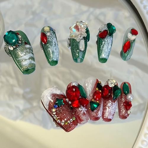 Fake Nails Handmade Press on Nails 3D Rhinestone Stylish Gel Reusable 10pcs Long Coffin Fake Nails Suitable for Halloween and Christmas (Red and Green-M)