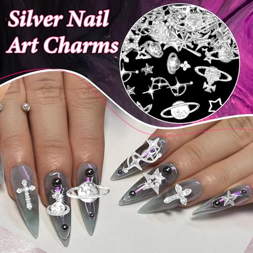 130 Pcs Silver Star and Cross Nail Charms for Acrylic Nails, Y2K Nail Art Supplies