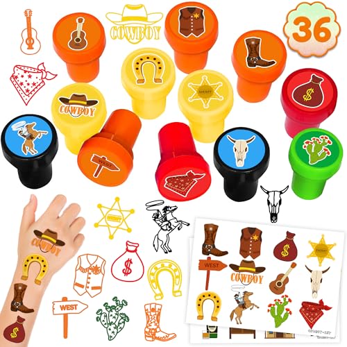 36-Piece Western Party Favors Set - Cowboy Tattoos & Stamps