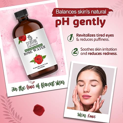 Rose Water 4 fl oz (118 ml) Organic Refreshing Rose Water Spray for Face & Skin Hydration, Pure Rosewater for Hair & Makeup Setting Spray, Reduce Eye Puffiness, Dark Circles & Redness, Huge 4 oz