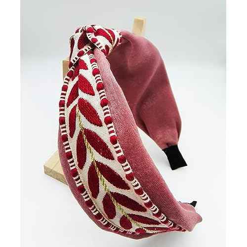 Boho Knotted Red Headband with Handmade Lace Embroidery Leaves Metal Headband for Girls Womens