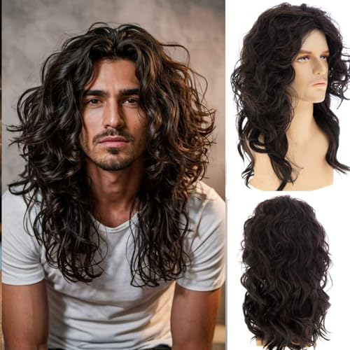 Long Curly Dark Brown Wig for Men - Heat Resistant Synthetic
