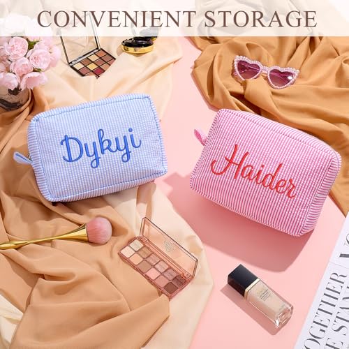 Personalized Cosmetic Bag with Name - Custom Seersucker Makeup Bags for Women, Single Color Embroidery