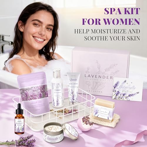 Lavender Spa Gift Basket for Women - Bath & Body Self Care Set