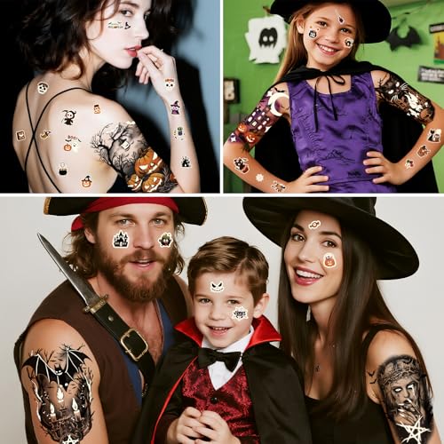 39PCS Glow in The Dark Halloween Temporary Tattoos Adult Kids, 9PCS Realistic Half Sleeve Pumpkin Bat Crow Skull Fake Tattoos, 30PCS Luminous Spider Cat Ghost Tiny Face Body Stickers Party Supplies