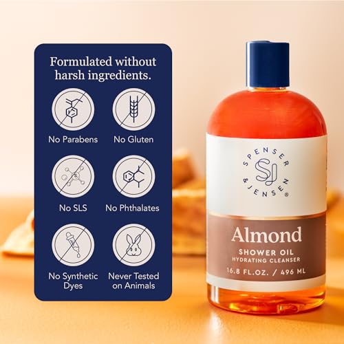 Spenser & Jensen Hydrating Almond Shower Oil - Body Wash for All Skin Types - Almond Oil Shower Gel for Women and Men - Rich in Vitamin E Oil - Sulfate Free - 16.8 Oz (Pack of 1)