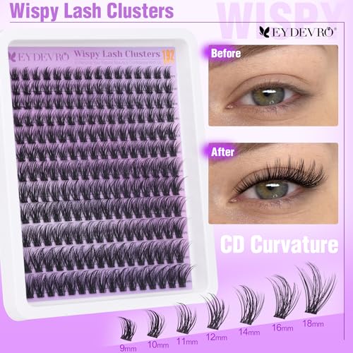 EYDEVRO Wispy Lash Clusters Natural Eyelash Clusters 9-18mm Cluster Eyelash Extensions CD Curvature 192 Pcs Manga Cluster Lashes Individual Lashes DIY Lash Extensions