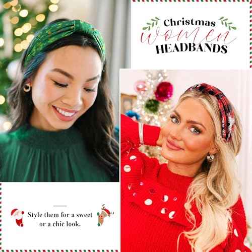 Christmas Headbands for Women & Girls - Wide Knotted Head Bands Snowflake Santa NonSlip Hair Bands Yoga Workout Elastic Head Wraps 6 Pcs Festive Accessories