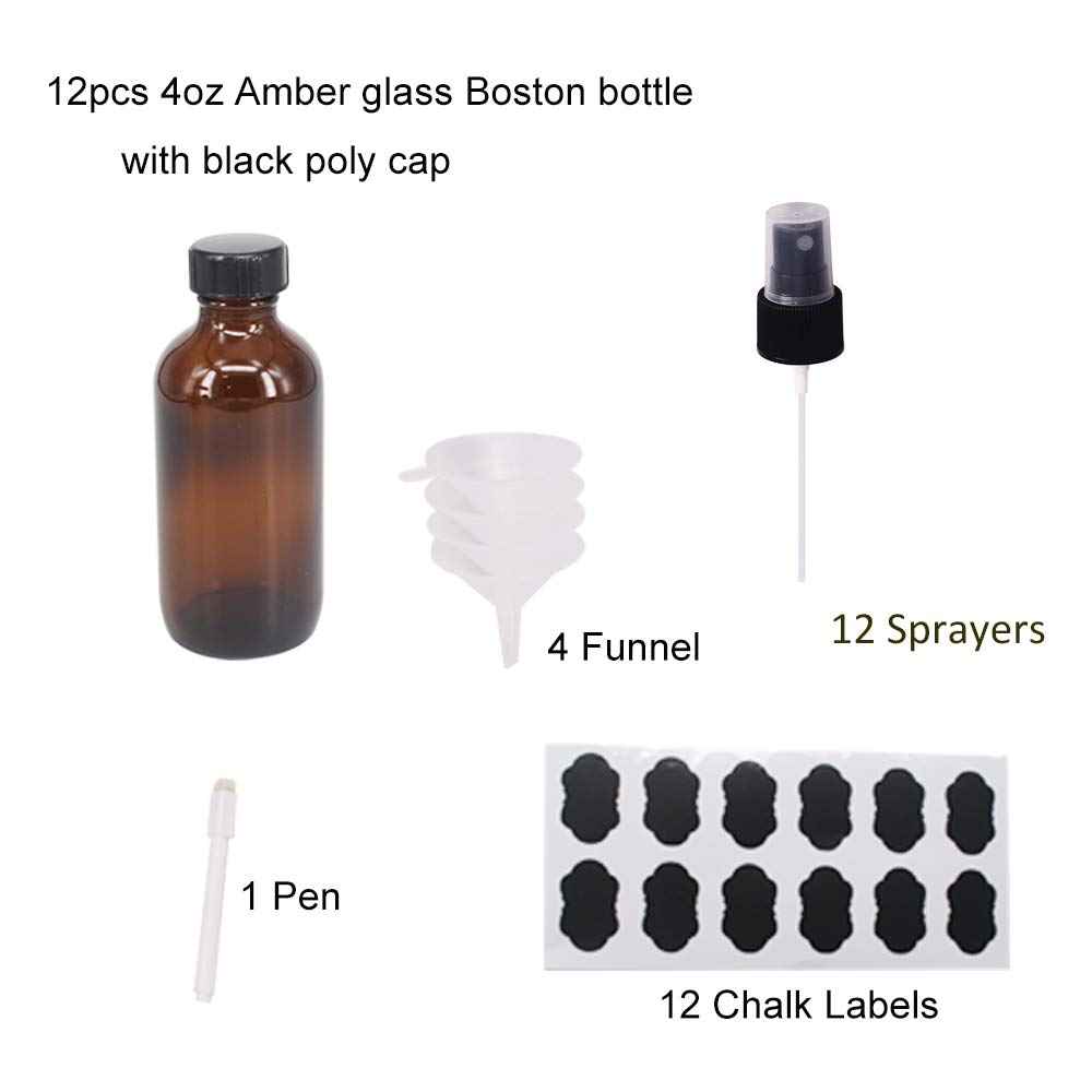 BPFY 12 Pack 4 oz Amber Glass Spray Bottles 4oz Fine Mist Spray Bottle For Essential Oils, Perfumes, Alcohol, Watering Flowers, Cosmetic Spray Bottle, Refillable Liquid Containers