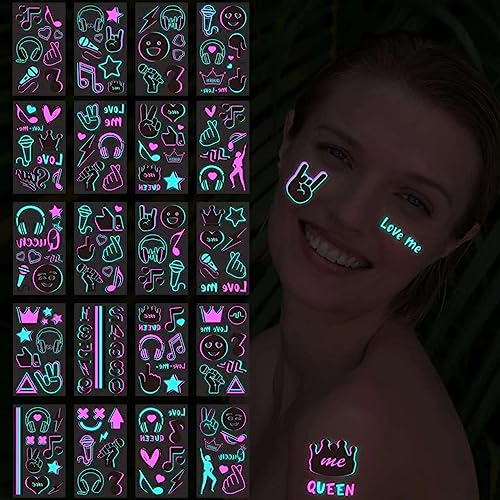 Glow in the Dark Temporary Tattoos - 20 Sheets, 160+ Designs