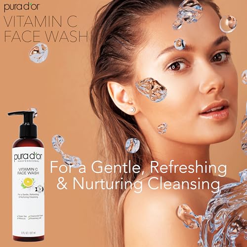 PURA D'OR 8 Oz Vitamin C Face Wash - Antioxidant Rich Brightening Facial Cleanser For Radiant Glow & Even Skin Tone - Gentle, Refreshing, Nurturing, Hydrating - Sulfate & Paraben Free - All Skin Types