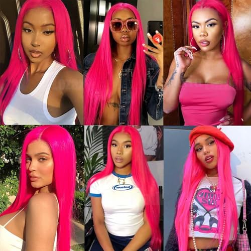 Hot Pink Lace Front Wigs Wear and Go Glueless Wig Pre Plucked Long Straight Hair Wig Magenta Pink Wigs Ready to Wear Wigs Heat Resistant Synthetic Lace Front Wigs for Women