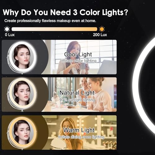 Lighted Makeup Mirror, 3000 mAh Rechargeable Double Sided Magnifying Vanity Mirror with 3 Colors, 1x/10x, 360¡Æ Rotation , Brightness Adjustable Magnification Cosmetic Light up Mirror, Women Gift