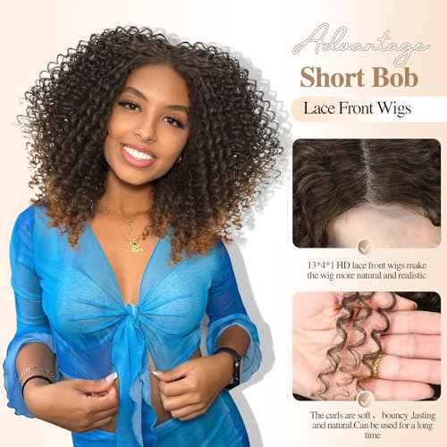 WIGER Short Bob Lace Front Wigs Middle Part Wigs Pre Plucked Curly 13x4x1 T Lace Part Wigs Ombre Brown Afro Kinky Curly Wigs Synthetic Curly Wig for African American women