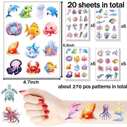 20 Sheets Ocean Animals Temporary Tattoos Stickers 270Pcs Under The Sea Life Tattoos Birthday Party Favors Decorations Supplies for Goodie Bags Fillers Exchange Gifts School Prizes Game Rewards