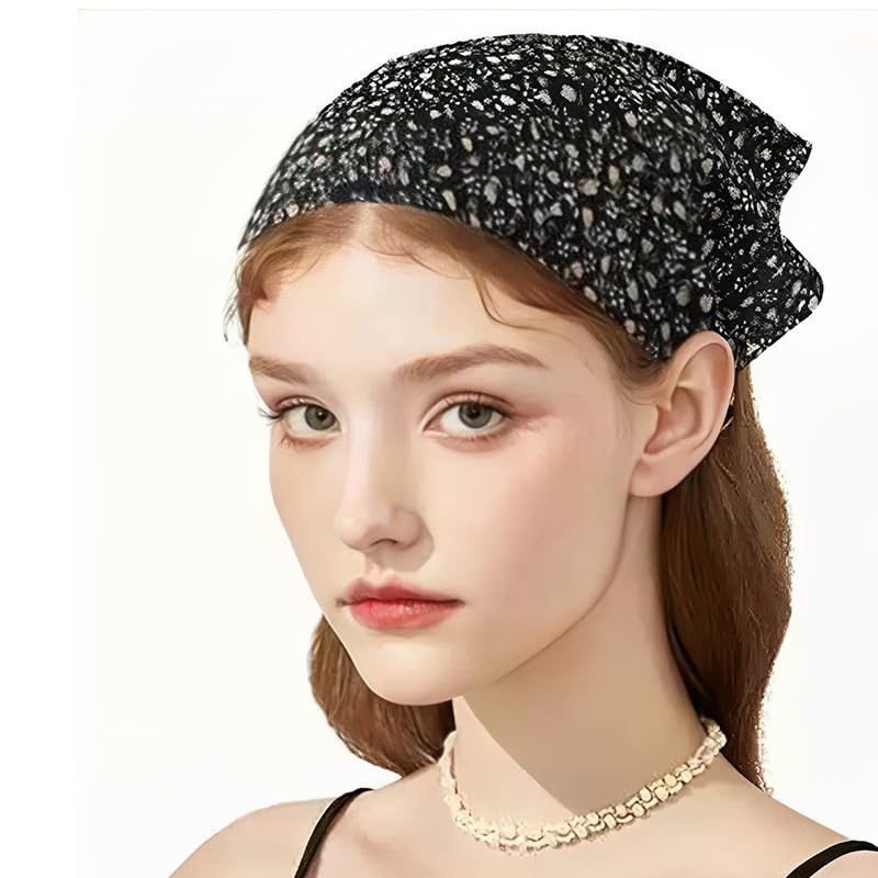 Chiffon Head Scarf for Women's Hair Half Boho Bandana Headband for Women Black Headscarf for Women's Hair Elastic Headbands for Women Floral Hair Bandana Black Hair Scarf Headband Bandana Silk