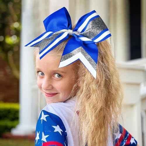 8 PCS Large Glitter Cheer Bows 8" Hair Bows Sparkly Cheerleading Softball Team Bow Hair Ponytail Holder Accessories for cheerleaders football Competition Sports- Silver Blue White