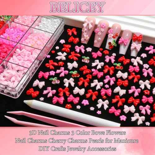 BELICEY 3D Nail Charms Red Pink Bow Cherry Flower Charms for Nails Mix Size Flatback Nail Pearls Gold Caviar Beads Nail Gems Rhinestones with Tweezer Picker Pen for Manicure DIY Nail Art Design Crafts