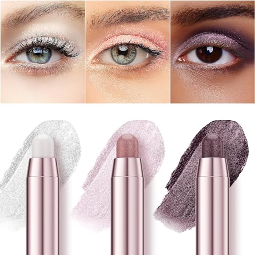 Glitter Eyeshadow Stick, 3 Colors Shimmer Cream Eyeshadow Pencil Set,Pro White Highlighter Makeup Stick,Waterproof Pink Eye Brightener Crayon,Smoky Amethyst Eye Makeup for Women Girl Party Queen