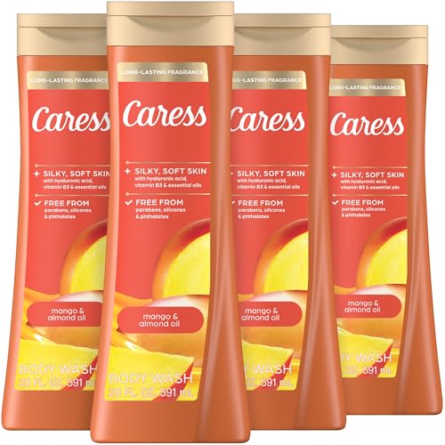 Caress Mango & Almond Oil Body Wash, Hyaluronic Acid & Vitamin B3 for Moisturized, Silky Soft Skin, Long-Lasting Tropical Fragrance, 20 fl oz (4 Pack)