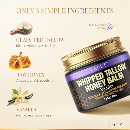 Whipped Tallow Honey Balm Soft Smooth Skin Face 100% Grass-Fed Beef Tallow Body Butter Raw Honey All Skin Type Natural Vanilla Moisturizer for Eczema Rashes Dry Skin Sunburn Treatment for Women