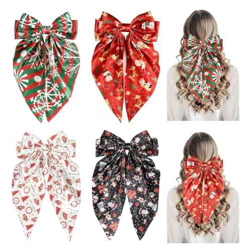 Christmas Silky Satin Hair Bows for Women,Big Ribbon Bow Hair Clips for Girls, Oversized Long Tail Hair Barrettes Cute Hair Accessories