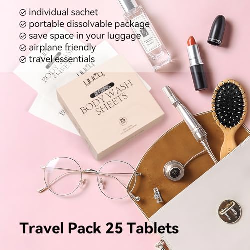 YUCO Travel Body Wash Sheets Travel Pack 25 Sheets,Individual Sachet,for Body Wash,Camellia Japonica Scent,For Gym,Camping,Vacation,Hotels,Hospital,Business Trip,Flight Travel Essentials