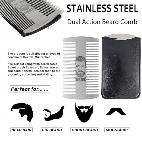 Metal Beard Mustache Comb for Men - Anti-Static Dual Action - Credit Card Size Stainless Steel EDC Comb, Lice Wallet Pocket, Fine Cutting Teasing Barber Hair Styling - Silver