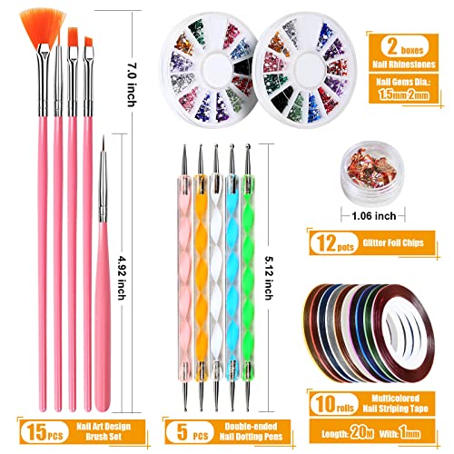 Teenitor Nail Pen Designer,Stamp Nail Art Tool with 15pcs Nail Painting Brushes, Nail Dotting Tool, Nail Foil, Manicure Tape, Color Rhinestones for Nails-Black