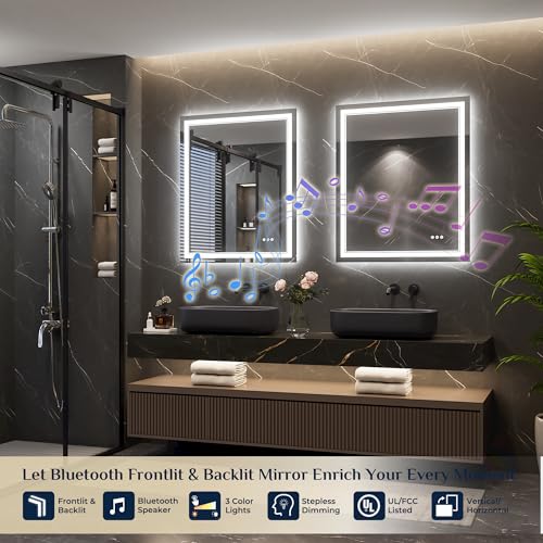 Keonjinn LED Bathroom Mirror with Lights & Bluetooth Speaker, Anti-Fog, 29x35 Inch