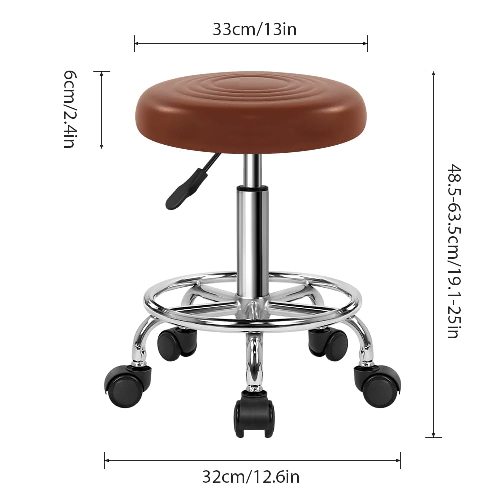 WKWKER PU Leather Stool with Wheels Modern Round Rolling Stool with Footrest 360°Swivel Height Adjustable Stool Chair for Home Work Drafting Spa Salon Massage Beauty Stools Small (Brown)