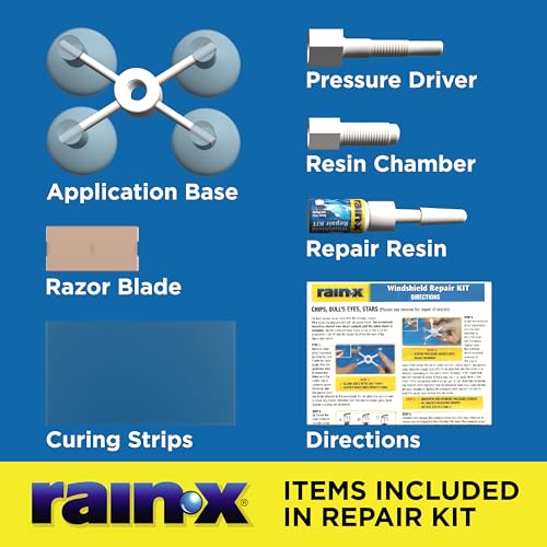 Rain-X 600001 Windshield Repair Kit - Quick And Easy Durable Resin Based Kit for Chips and Cracks, Good For Round Damage Below 1" In Diameter And Cracks Smaller Than 12" In Length, BLUE,YELLOW