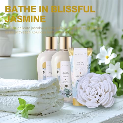 Spa Luxetique Gifts for Women 15pcs White Jasmine Gift Baskets for Women Luxury Relaxing Spa Kit with Tote Bag Birthday Gifts for Mom Friend Sister Wife Grandma Mothers Day Gift for Her